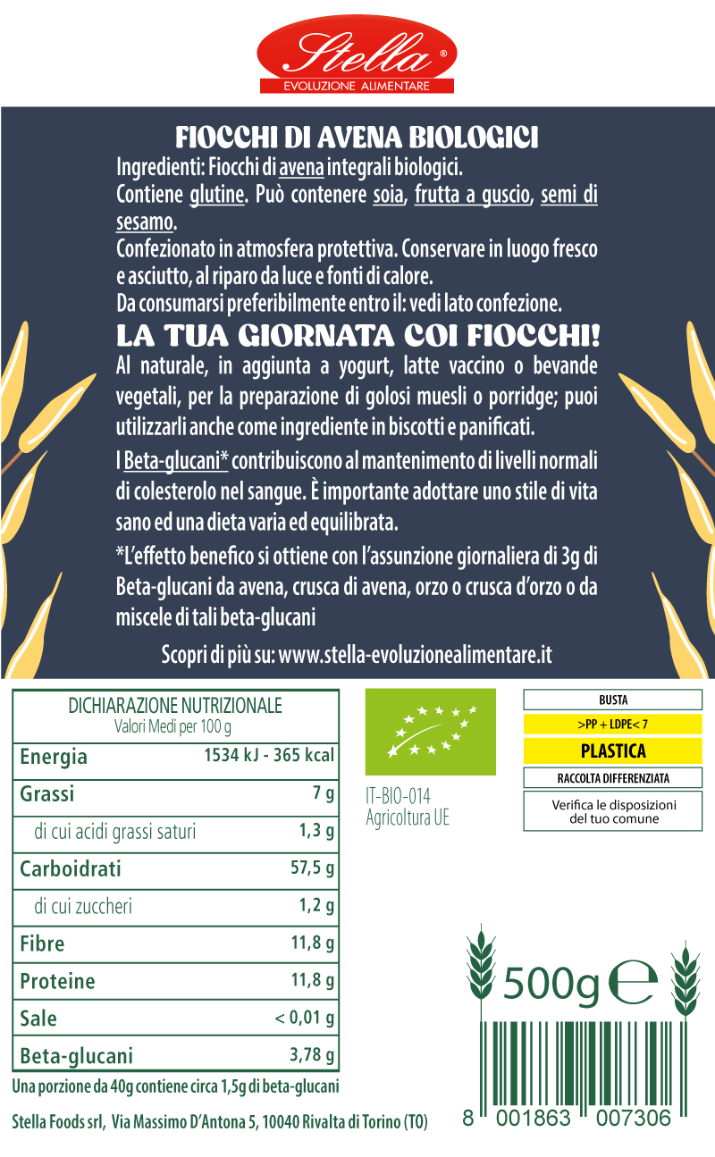 Fiocchi di Avena Integrali Bio Senza Glutine - Stella Foods